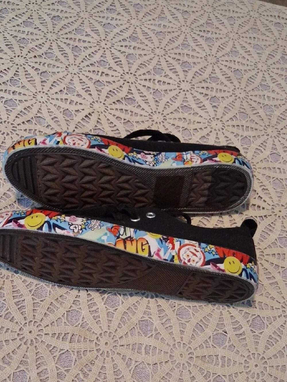 Kids Black Canvas Sneakers with Colorful Printed Toe Trim